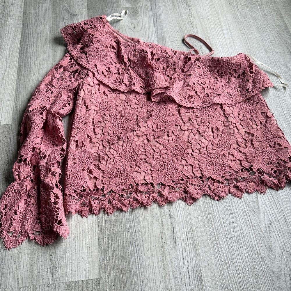 J.O.A. Pink Crochet Off-Shoulder Lace Blouse. CAJA. # 1 A